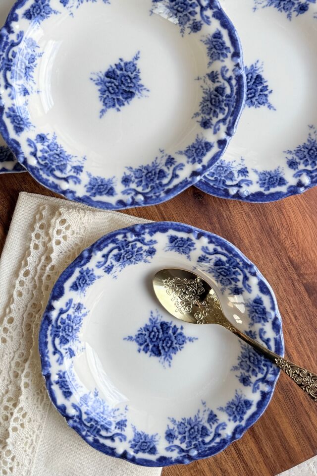 Antique Deep Azul 4'lü Porselen Reçellik / Çerezlik Kase Mavi Çiçek Desenli 4 parça