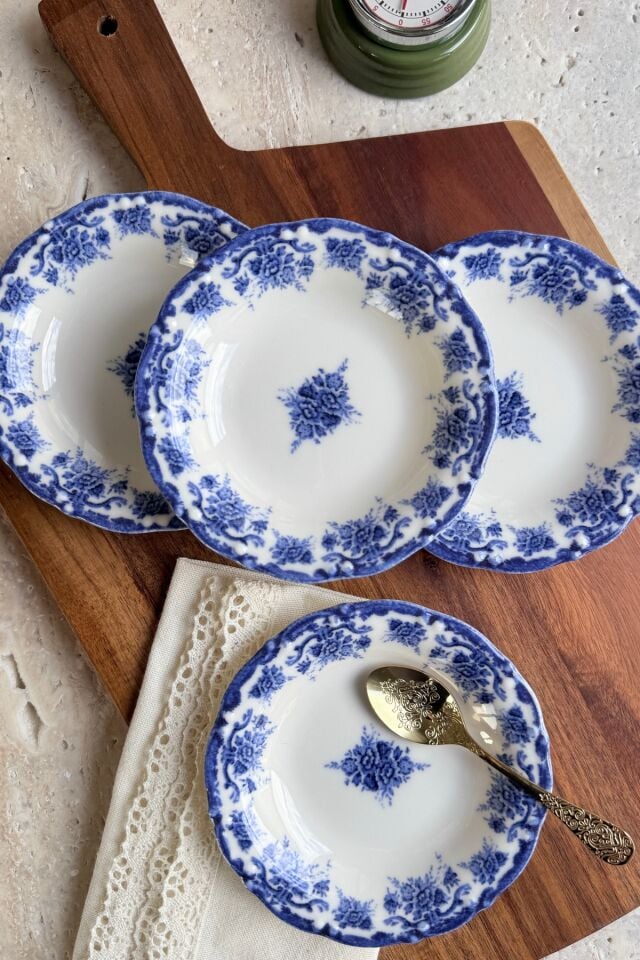 Antique Deep Azul 4'lü Porselen Reçellik / Çerezlik Kase Mavi Çiçek Desenli 4 parça