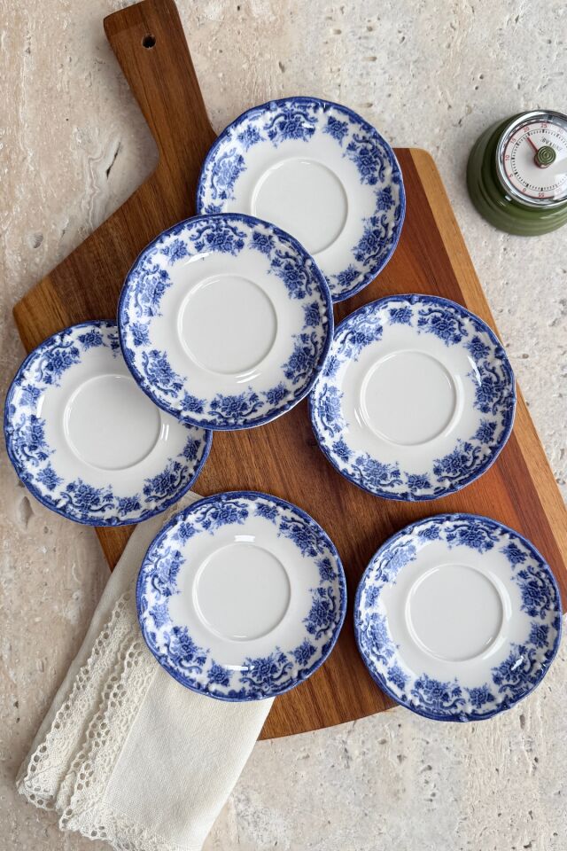 Antique deep azul 6 kişilik 11 cm 6’lı Premium Porselen Çay Tabağı Takımı Mavi Lacivert Çiçek desen