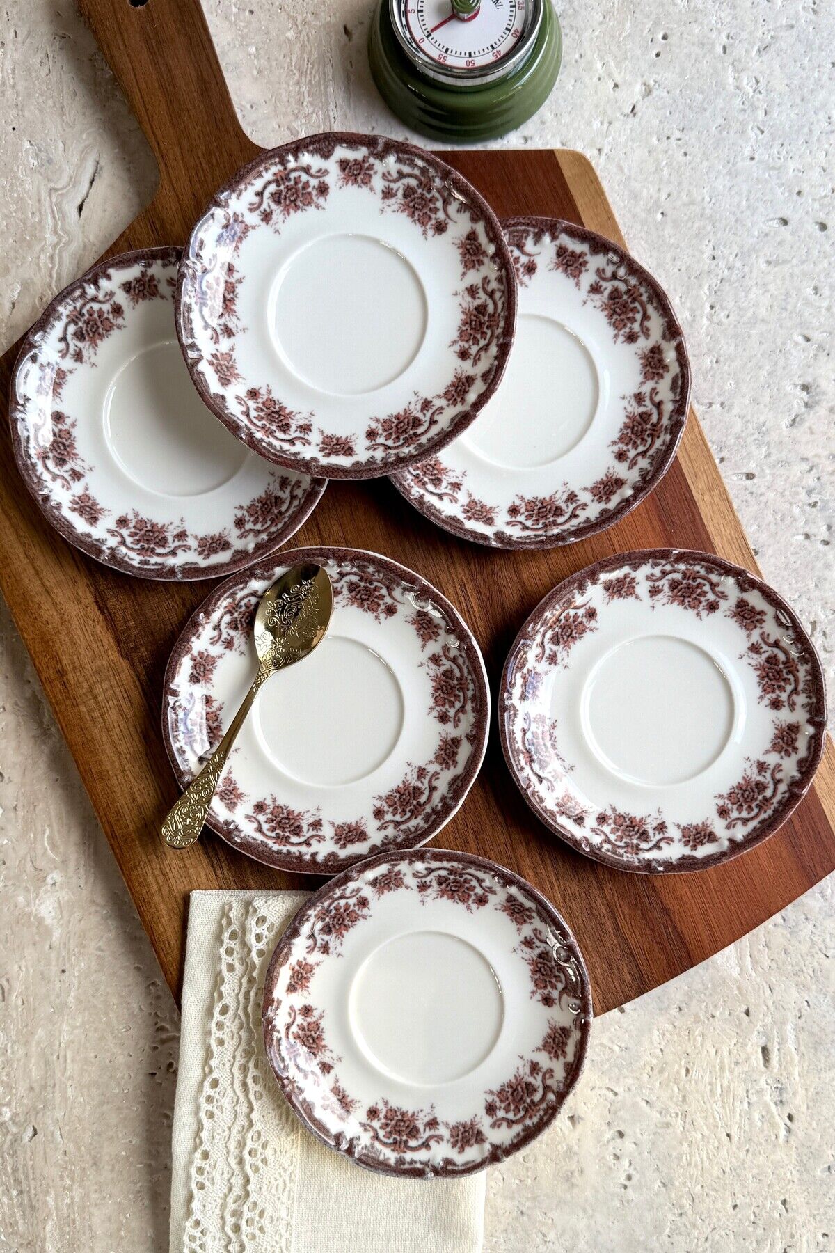 Antique rose 6 kişilik 11 cm 6’lı Premium Porselen Çay Tabağı Takımı Bordo Çiçek Desenli