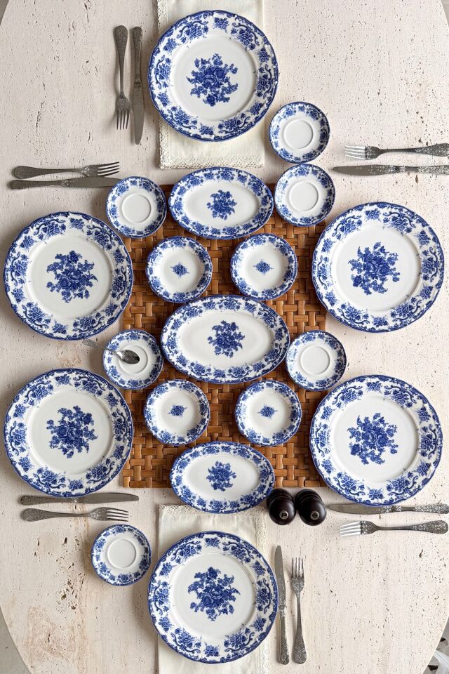 Antique deep azul 19 Parça 6 Kişilik Porselen Kahvaltı Takımı mavi çiçek desenli