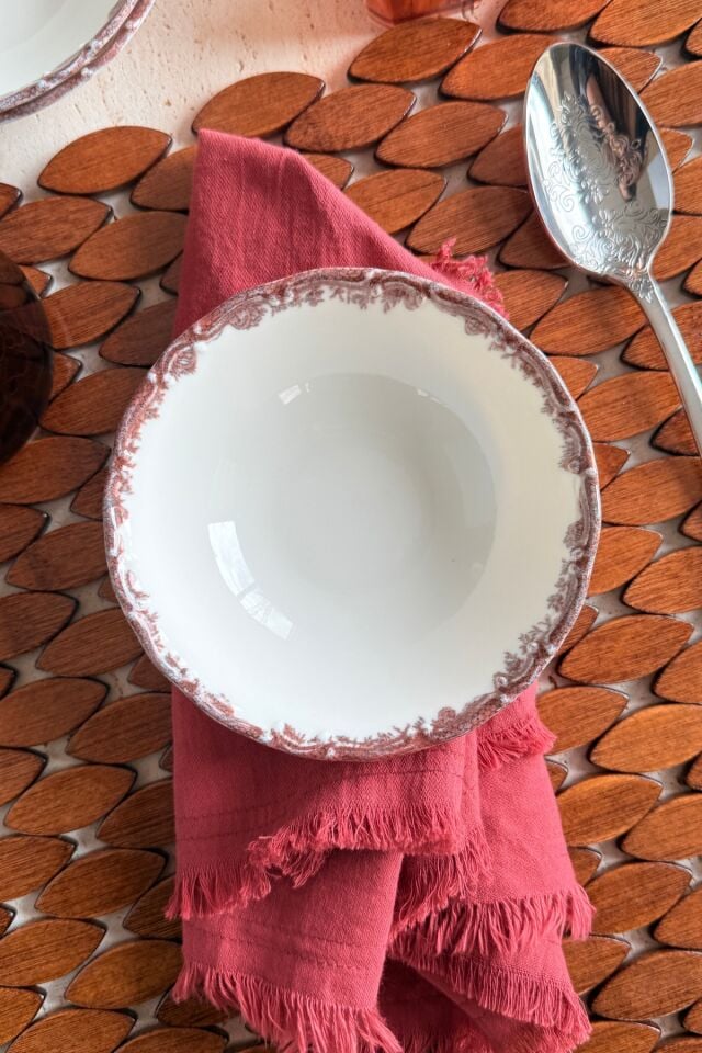 Antique Rose 6 kişilik 14 cm Özel Tasarım Premium Porselen Çorba Kasesi Takımı Bordo Çiçek Desenli