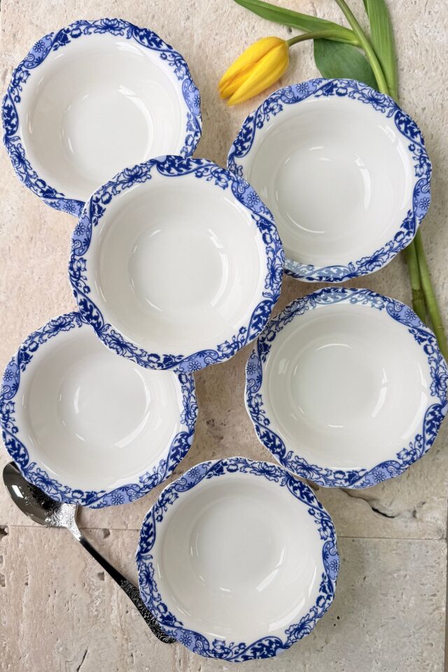 Carbon Blue 6 kişilik 16 cm Özel Tasarım Premium Porselen Çorba Kasesi Takımı Mavi Tablo Desenli