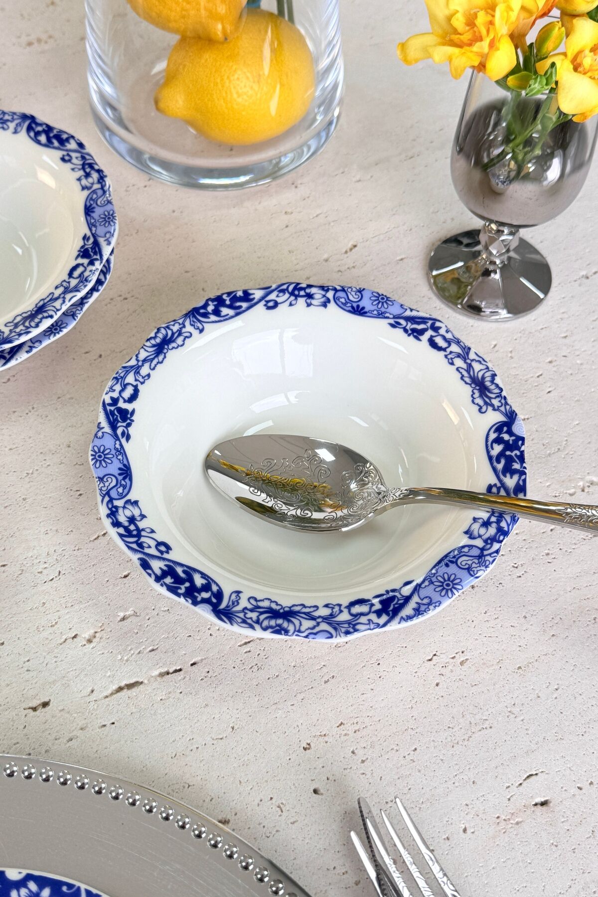 Carbon Blue 6 kişilik 16 cm Özel Tasarım Premium Porselen Çorba Kasesi Takımı Mavi Tablo Desenli