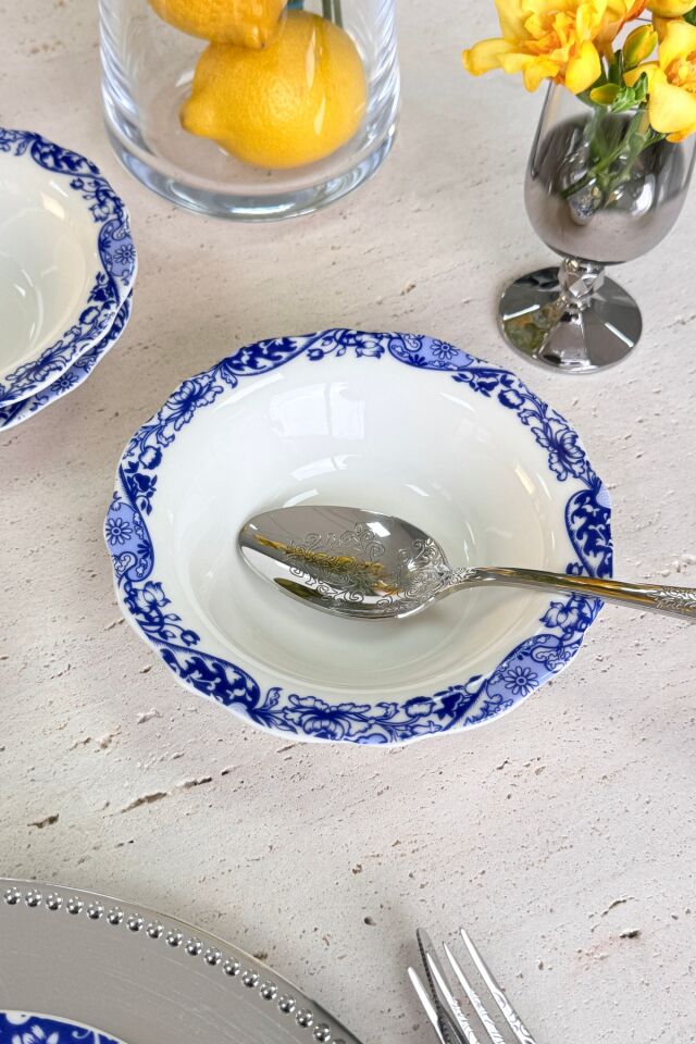 Carbon Blue 6 kişilik 16 cm Özel Tasarım Premium Porselen Çorba Kasesi Takımı Mavi Tablo Desenli