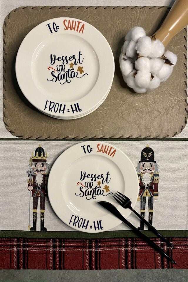 Tulü Porselen Santa Yazı Desenli 6 Kişilik 6'lı Porselen Pasta Tabağı Sunum Servis Seti