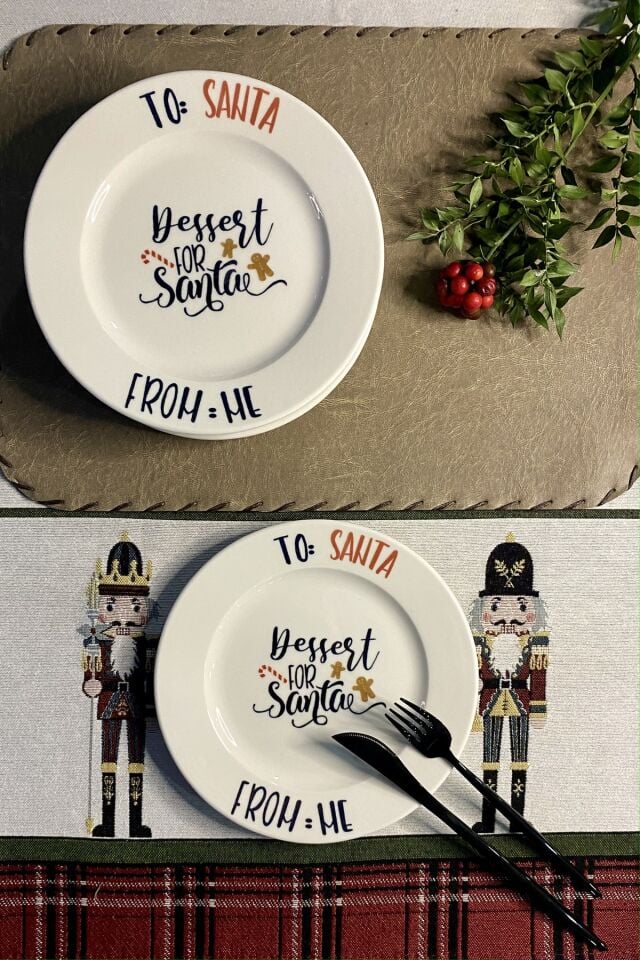 Tulü Porselen Santa Yazı Desenli 6 Kişilik 6'lı Porselen Pasta Tabağı Sunum Servis Seti