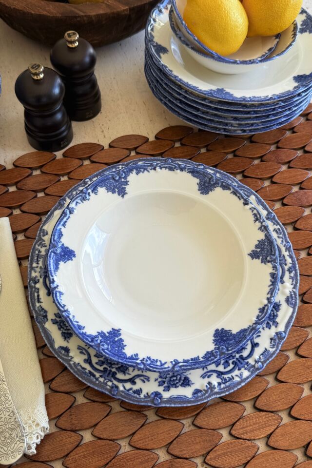 Antique Deep Azul 6 kişilik 21 cm Özel Tasarım Premium Porselen Çukur Yemek Tabağı Mavi Çiçek Desen
