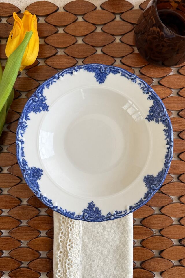 Antique Deep Azul 6 kişilik 21 cm Özel Tasarım Premium Porselen Çukur Yemek Tabağı Mavi Çiçek Desen