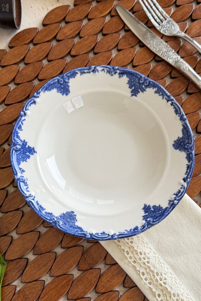 Antique Deep Azul 6 kişilik 21 cm Özel Tasarım Premium Porselen Çukur Yemek Tabağı Mavi Çiçek Desen