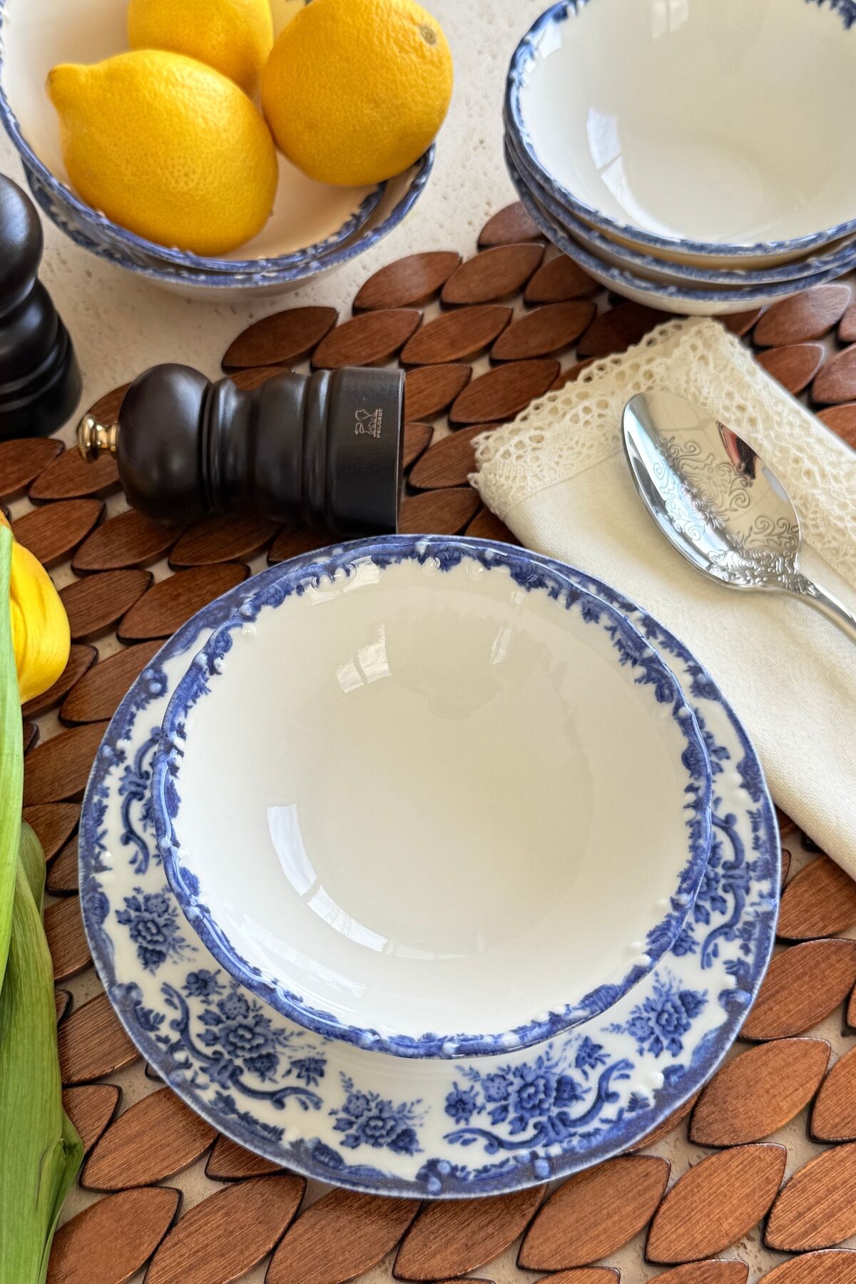 Antique Deep Azul 6 kişilik 14 cm Özel Tasarım Premium Porselen Çorba Kasesi Takımı Mavi Çiçek Desen