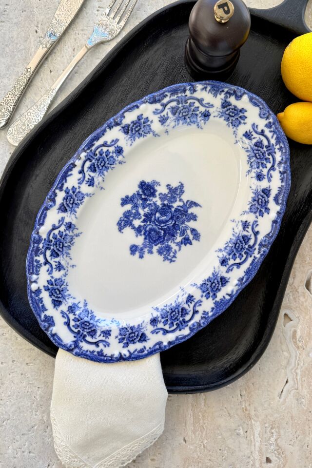Antique Deep Azul 2li 30 Cm Premium Porselen Büyük Boy Kayık Sunum Servis Lacivert Çiçek Desenli