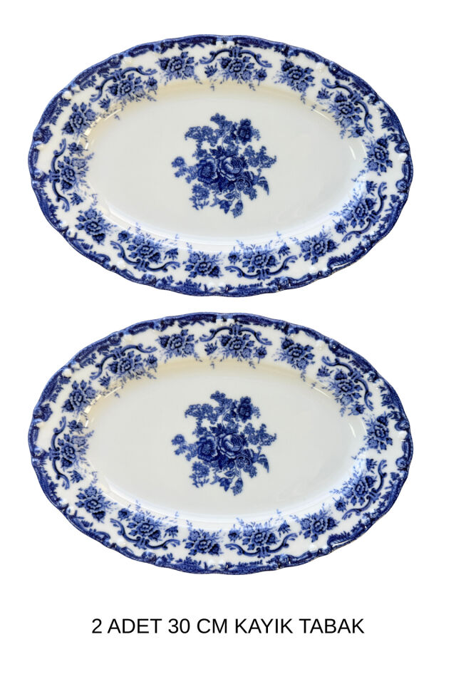 Antique Deep Azul 2li 30 Cm Premium Porselen Büyük Boy Kayık Sunum Servis Lacivert Çiçek Desenli