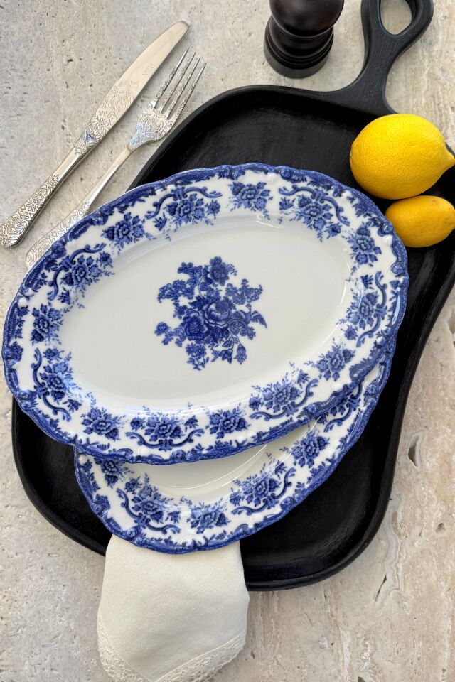 Antique Deep Azul 2li 30 Cm Premium Porselen Büyük Boy Kayık Sunum Servis Lacivert Çiçek Desenli