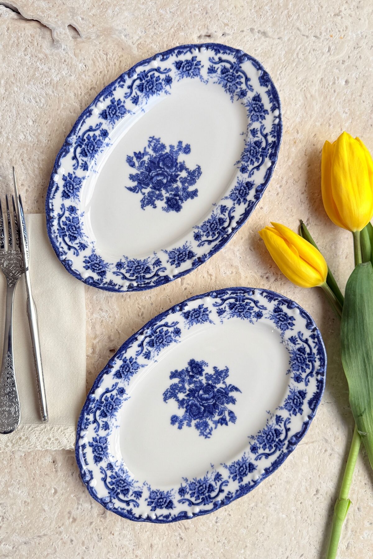 Antique Deep Azul 2li 25 Cm Premium Porselen Orta Boy Kayık Sunum Servis Seti Lacivert çiçek desenli