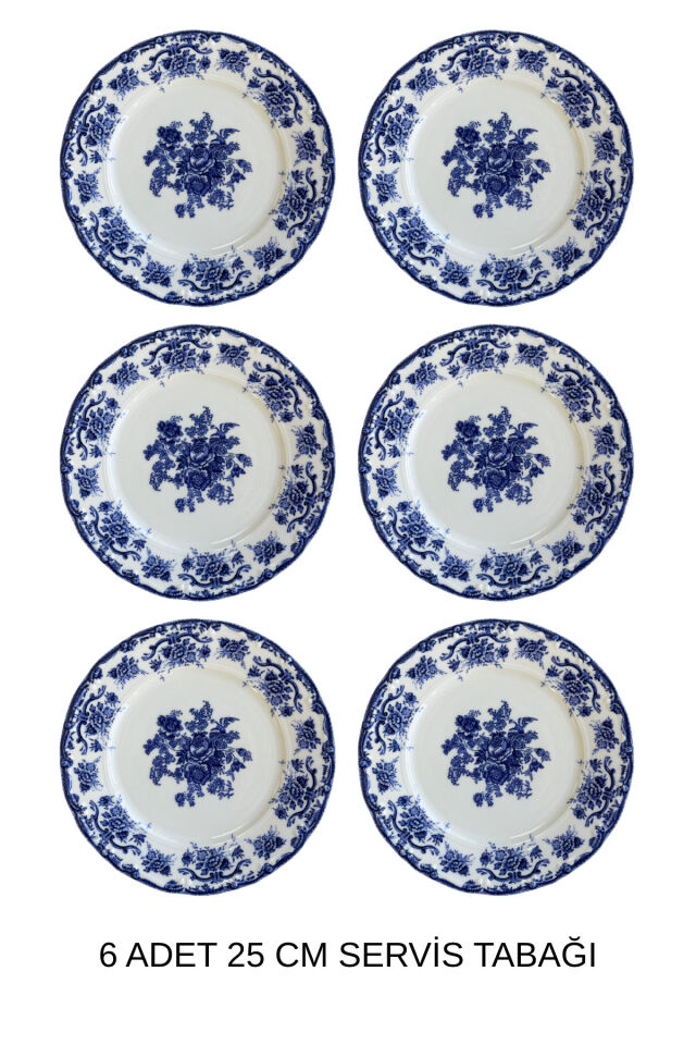Antique Deep Azul 6 kişilik 25 cm Özel Tasarım Premium Porselen Servis Tabağı Lacivert Çiçek Desenli