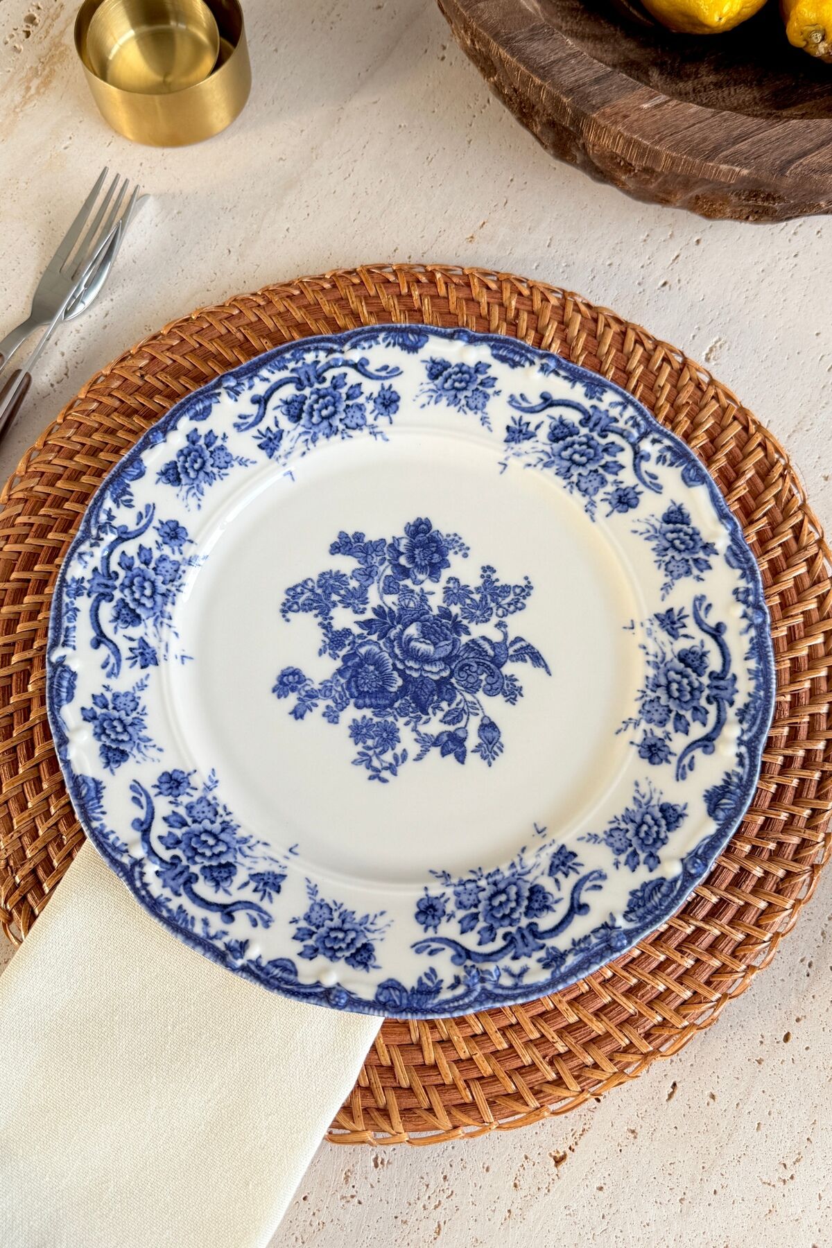 Antique Deep Azul 6 kişilik 25 cm Özel Tasarım Premium Porselen Servis Tabağı Lacivert Çiçek Desenli