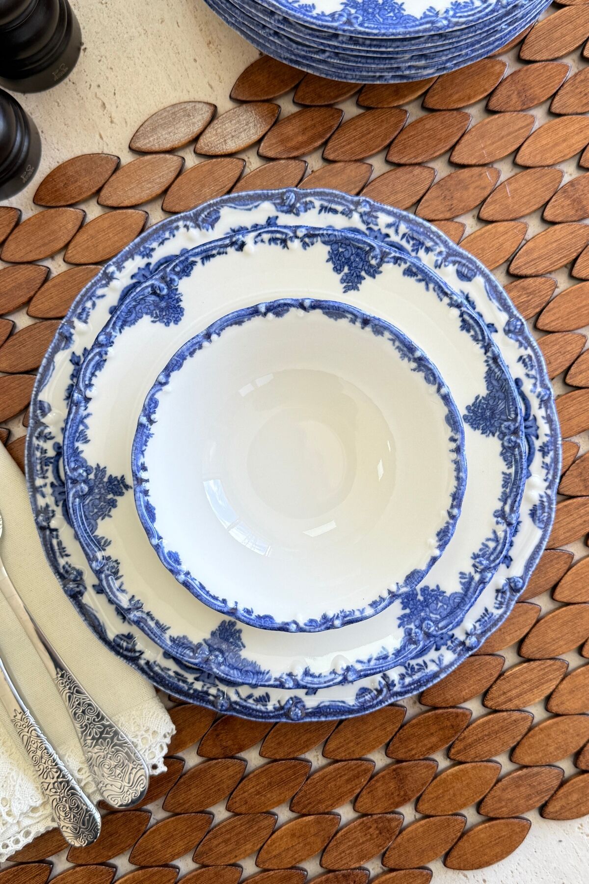Antique Deep Azul 24 Parça 6 Kişilik Premium Porselen Yemek Takımı Lacivert Mavi Çiçek Desenli