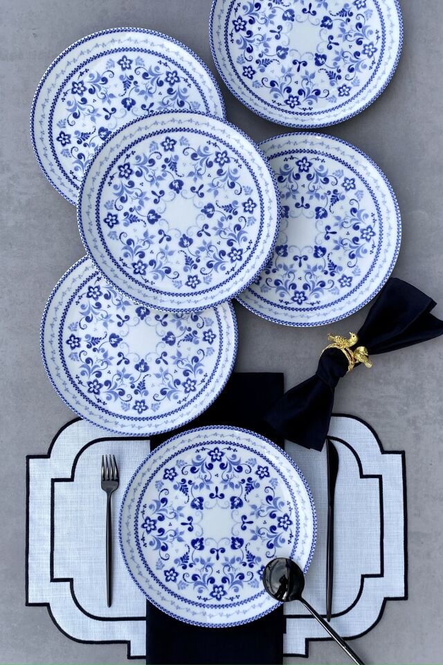 Blue Blanc 6 Kişilik 25 Cm 6'lı Mavi Klasik Porselen Servis Tabak Takımı Seti