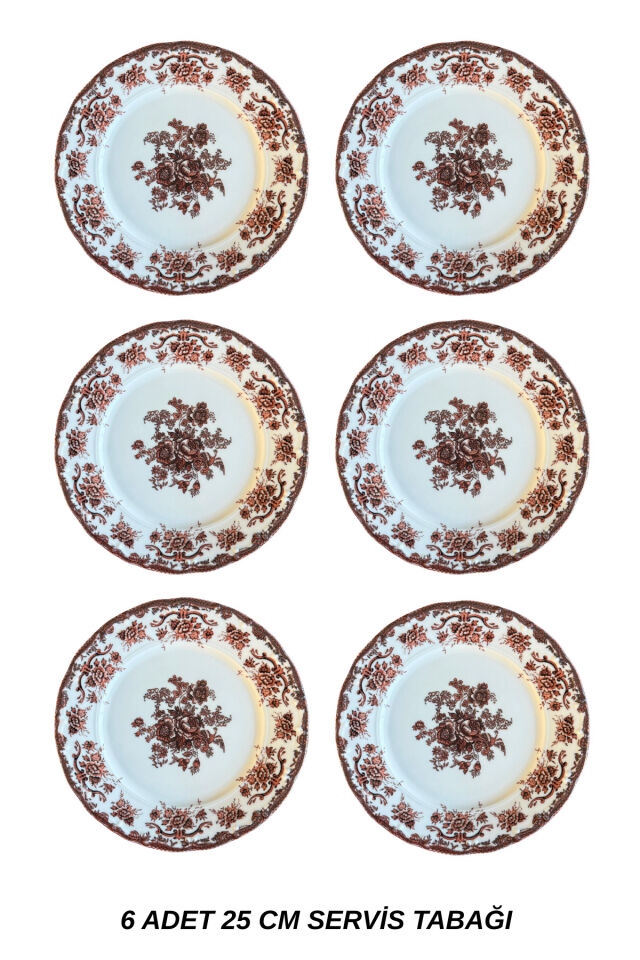 Antique Rose 6 kişilik 25 cm Özel Tasarım Premium Porselen Servis Tabağı Takımı Bordo Çiçek Desenli
