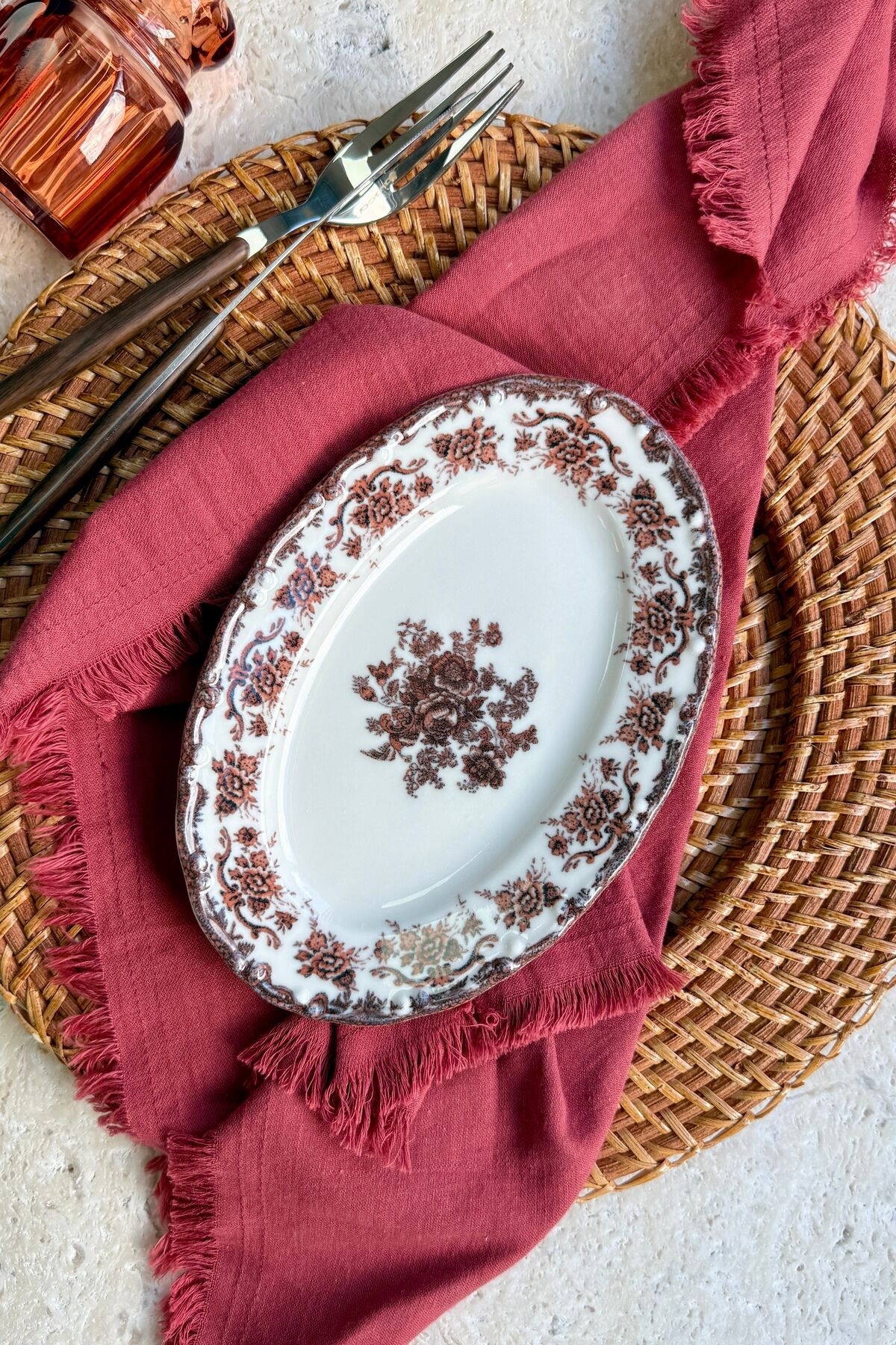 Antique Rose 2li 20 Cm Premium Porselen Küçük Boy Kahvaltılık Kayık Seti Bordo Çiçek Desenli