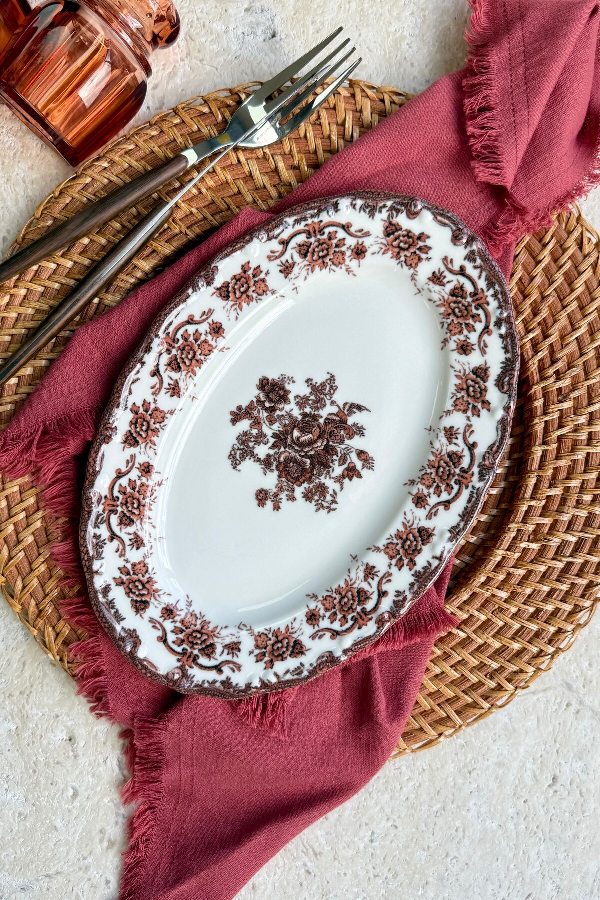 Antique Rose 2li 25 Cm Premium Porselen Orta Boy Kayık Sunum Servis Seti Bordo çiçek desenli