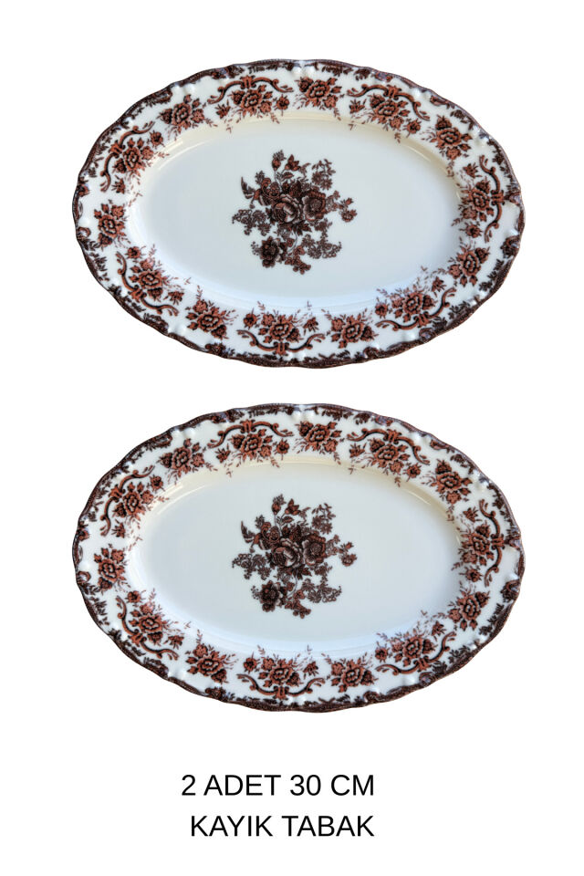 Antique Rose 2li 30 Cm Premium Porselen Büyük Boy Kayık Sunum Servis Seti Bordo Çiçek Desenli