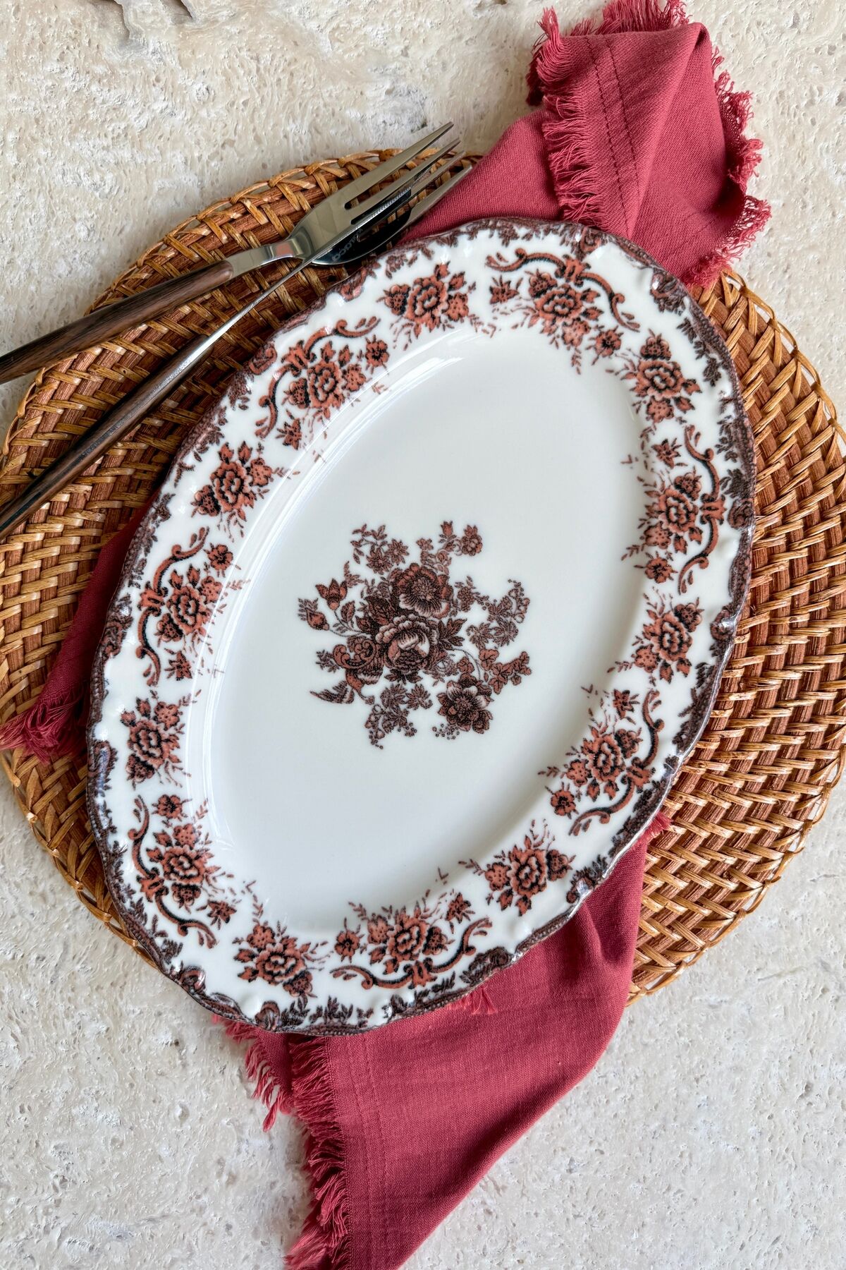 Antique Rose 2li 30 Cm Premium Porselen Büyük Boy Kayık Sunum Servis Seti Bordo Çiçek Desenli