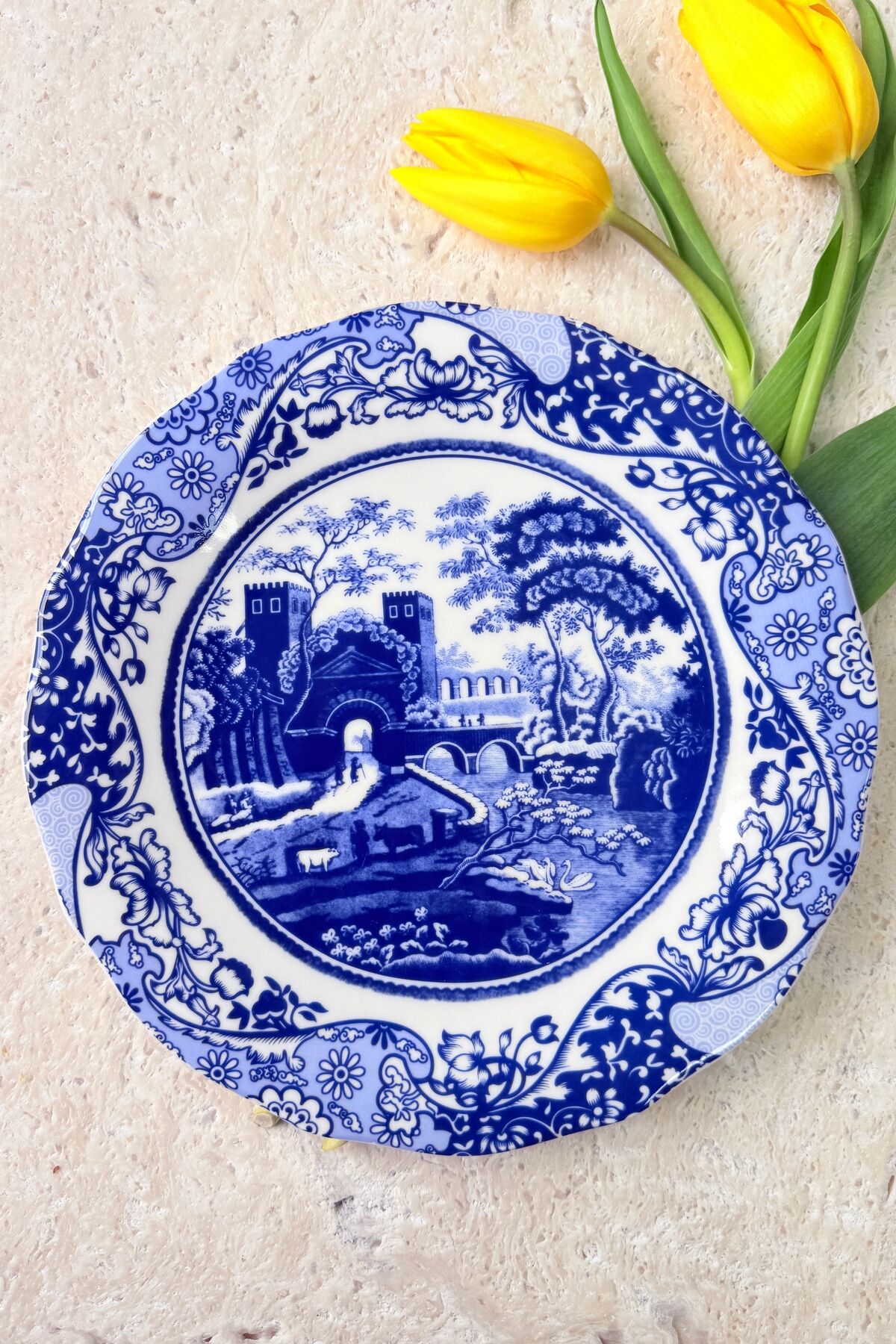 Carbon Blue 6 kişilik 27 cm Özel Tasarım Premium Porselen Servis Tabağı Takımı Mavi Tablo Desenli