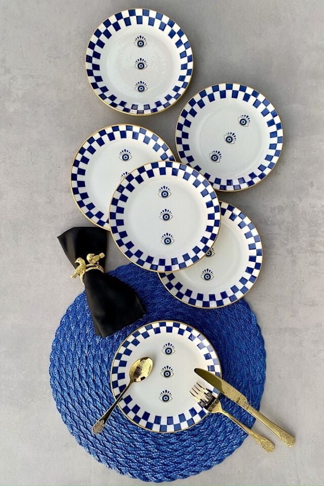 Nazar Boncuğu Altın Yaldızlı 6 Kişilik Porselen 19 Cm Pasta Takımı Gold Detaylı