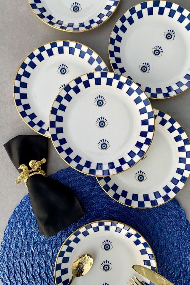 Nazar Boncuğu Altın Yaldızlı 6 Kişilik Porselen 19 Cm Pasta Takımı Gold Detaylı