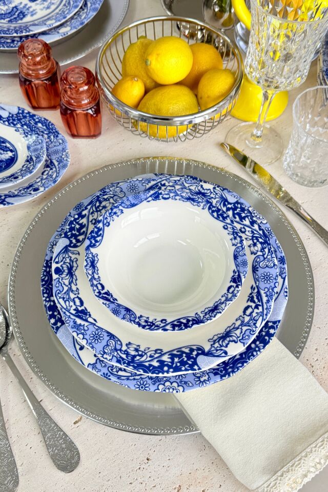 Carbon Blue 24 Parça 6 Kişilik Premium Porselen Yemek Takımı Mavi Tablo Desenli