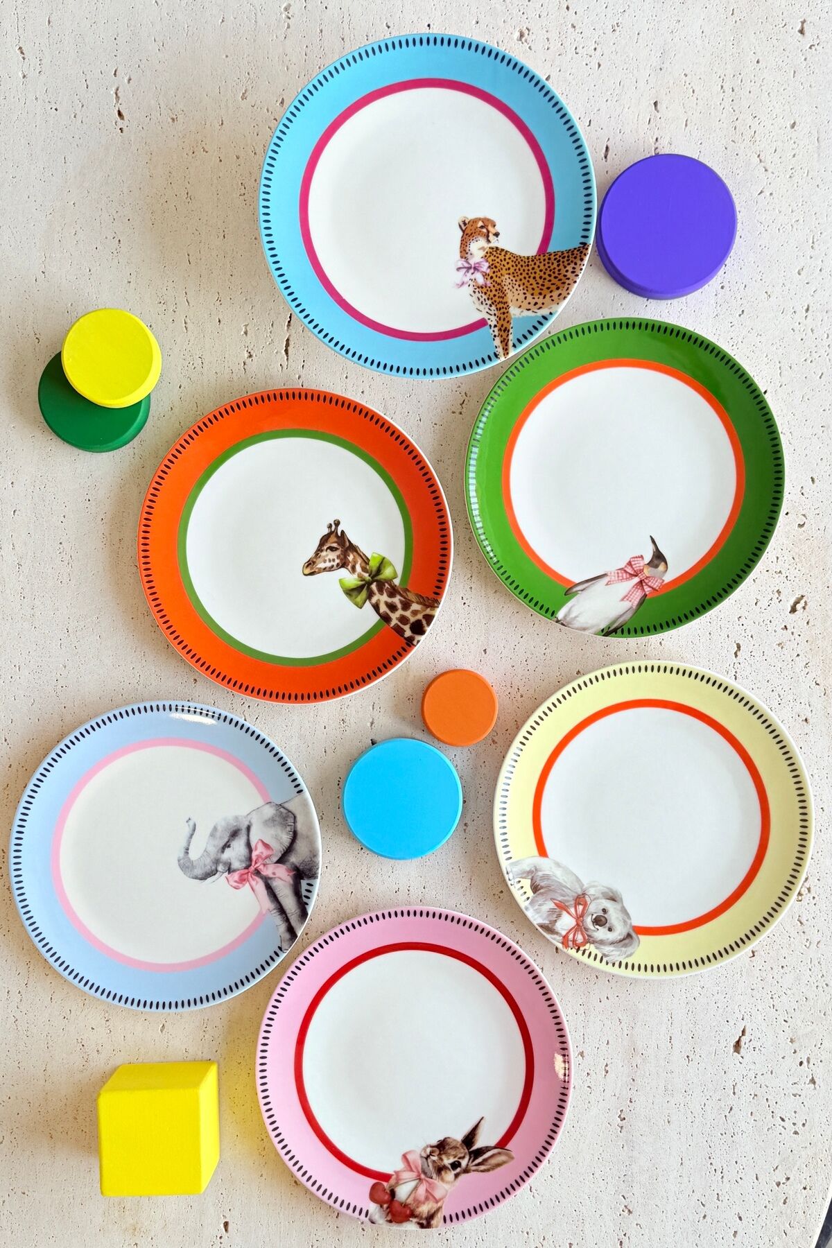 Animal Gala 6 kişilik 19 cm 6’lı Premium Porselen Pasta Tabağı Takımı Renkli Hayvan Desenli