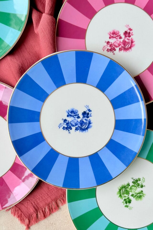 Candy Mix 6 kişilik 19 cm Premium Porselen Pasta Tabağı Takımı Yeşil-Mavi-Pembe Çiçek Desenli