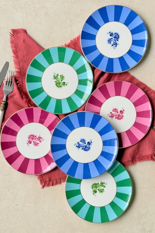 Candy Mix 6 kişilik 19 cm Premium Porselen Pasta Tabağı Takımı Yeşil-Mavi-Pembe Çiçek Desenli