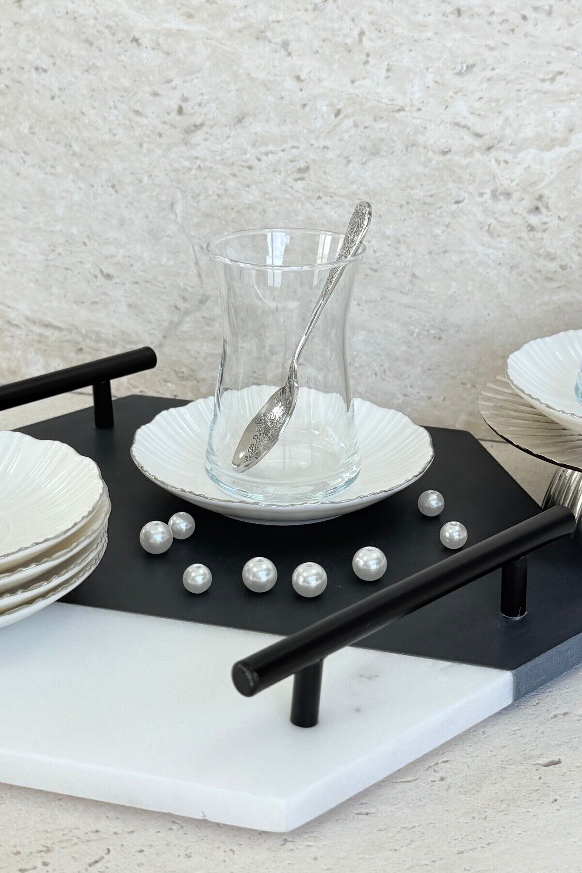 Aura Gümüş 6 kişilik 12 cm 6’lı Premium Porselen Çay Tabağı Takımı Platin İnci