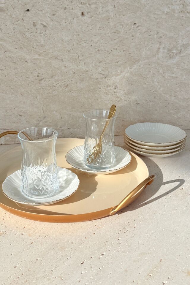 Aura Gold 6 kişilik 12 cm 6’lı Premium Porselen Çay Tabağı Takımı Altın Kenarlı (inci)