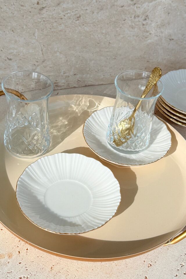 Aura Gold 6 kişilik 12 cm 6’lı Premium Porselen Çay Tabağı Takımı Altın Kenarlı (inci)