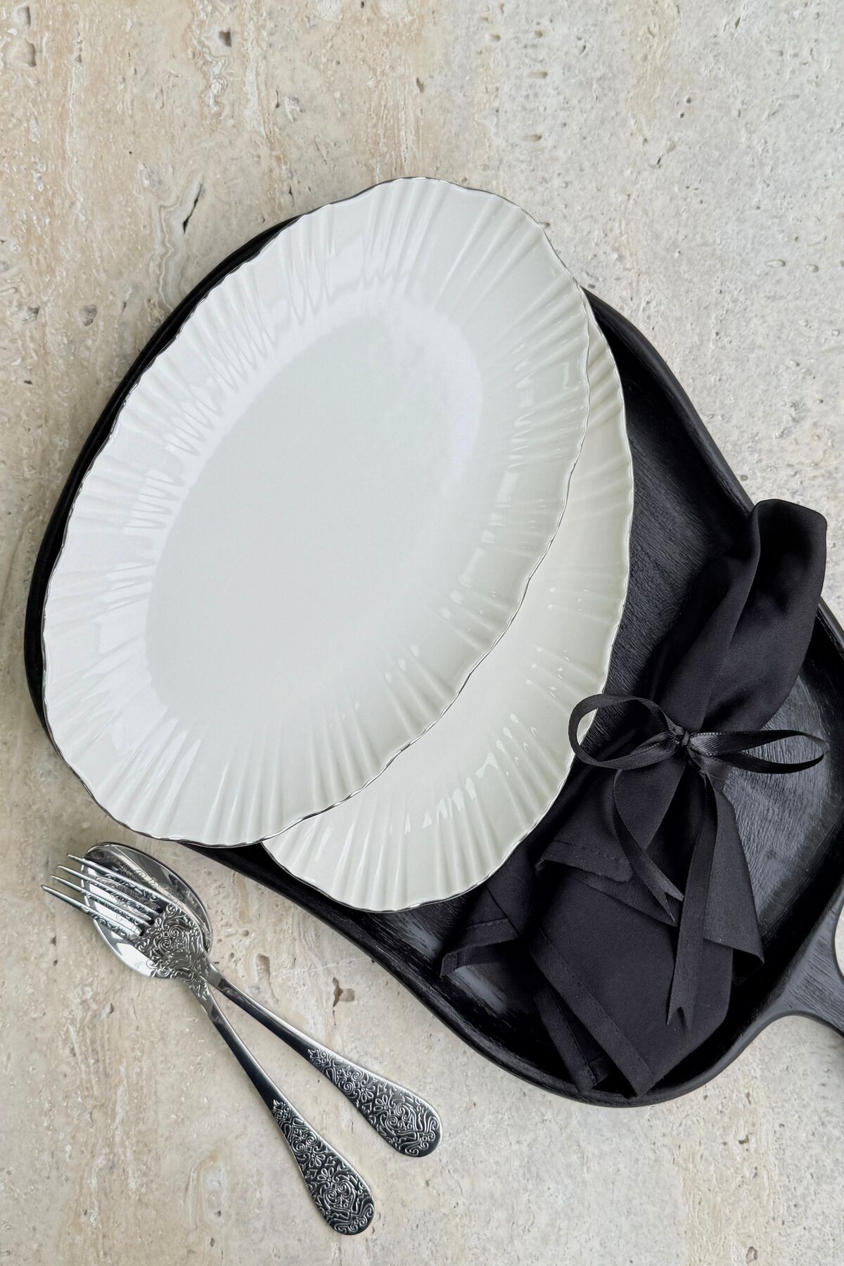 Aura Gümüş 2li 30 Cm Premium Porselen Büyük Boy Kayık Sunum Servis Seti (Platin)