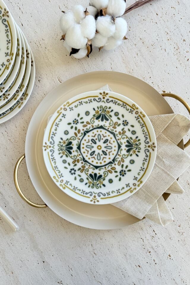 Harmoni 6 kişilik 19 cm Özel Tasarım Premium Porselen Pasta Tabağı Takımı yeşil