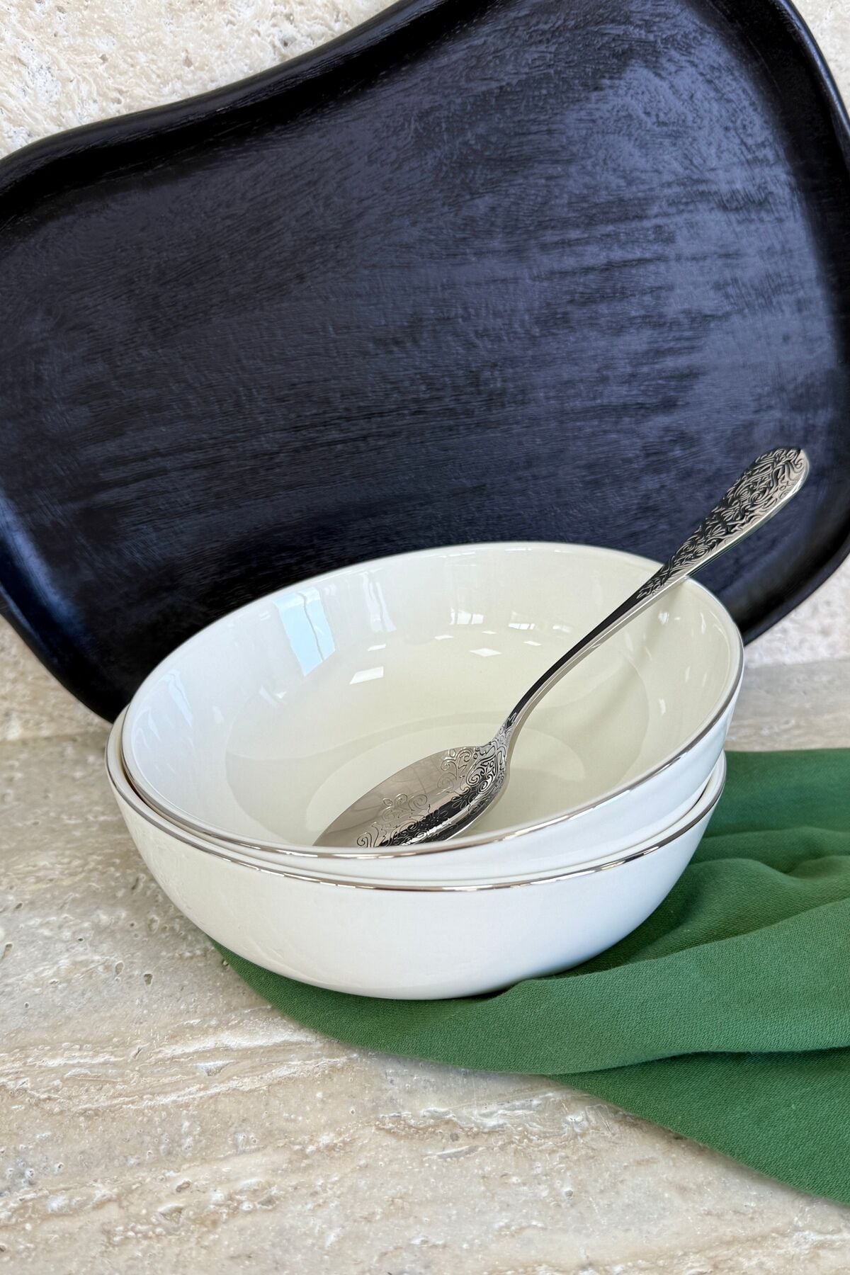 Modern Gümüş 19 cm 2'li Derin Premium Porselen Bowl Salata Kasesi Sunum Seti