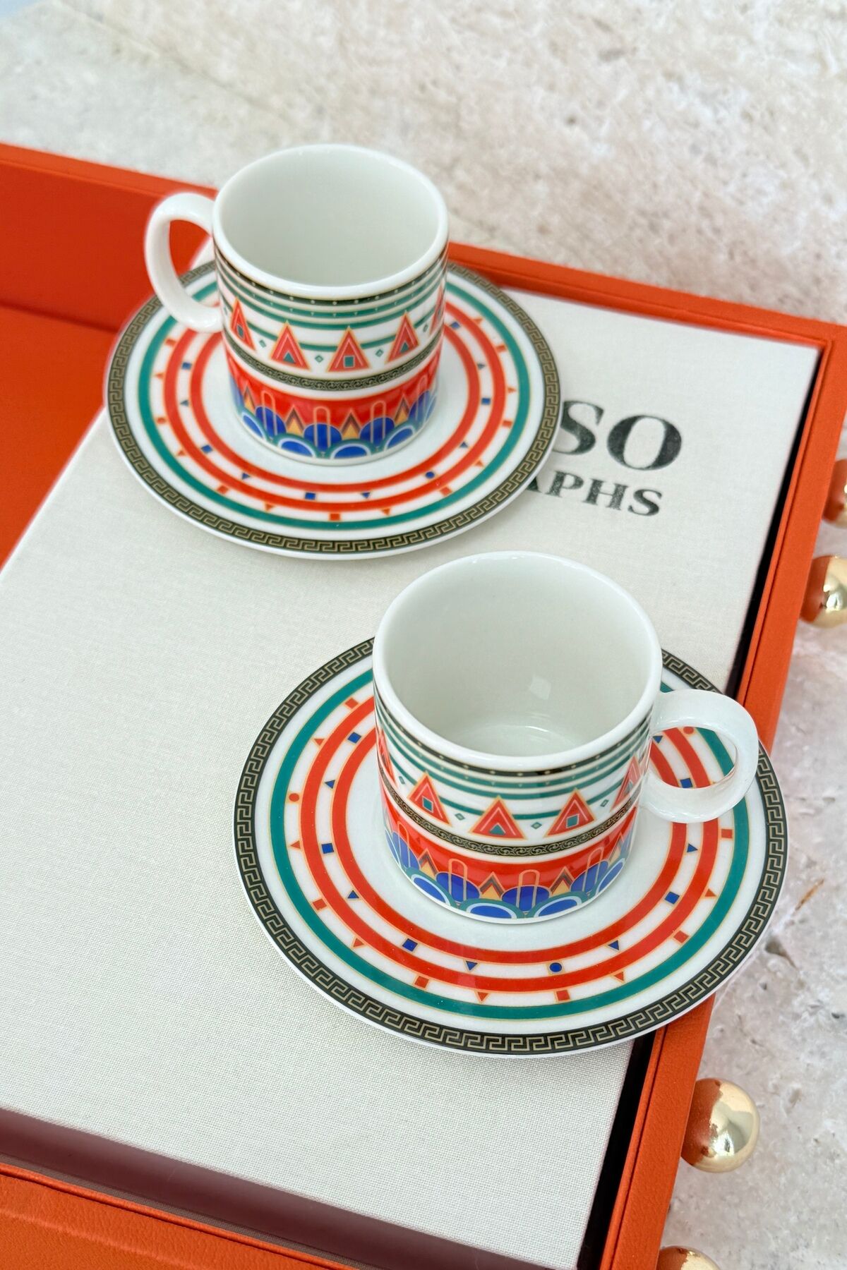 Tufi Premium Porselen 4 Parça 2 Kişilik Kahve Fincan Takımı 90 ml Turuncu Özel Tasarım