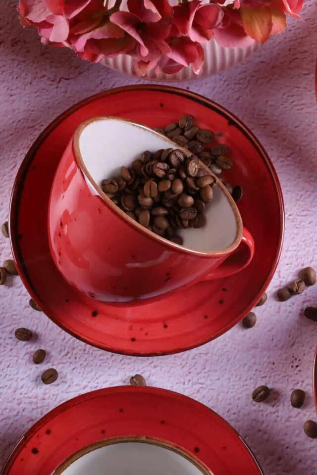 Reactive Kırmızı 4 Parça 2 Kişilik Jumbo Boy 300 ML Porselen Cappucino Latte Fincan Takımı Latte Art