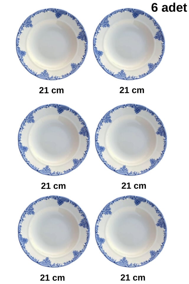 Antique Baby Blue 6 kişilik 21 cm Özel Tasarım Premium Porselen Çukur Yemek Tabağı Takımı Mavi