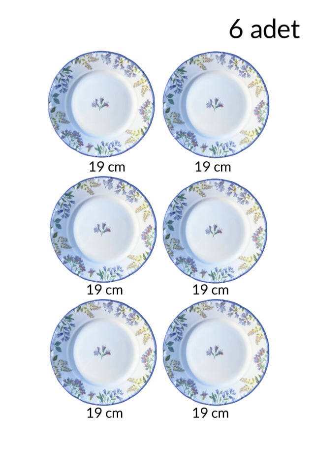 Kanaviçe Lilac 6 kişilik 19 cm Özel Tasarım Premium Porselen Pasta Tabağı Takımı Mor Çiçek Desenli
