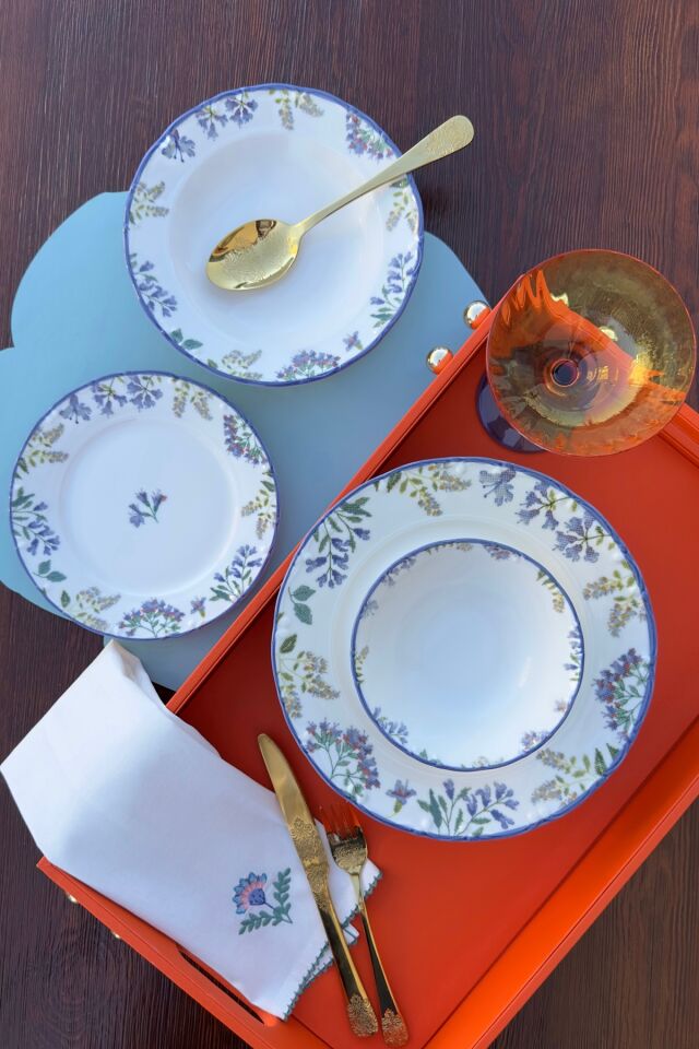 Elegance Kanaviçe Lilac 24 Parça 6 Kişilik Premium Porselen Yemek Takımı Lila Bahar Yaz Sunum