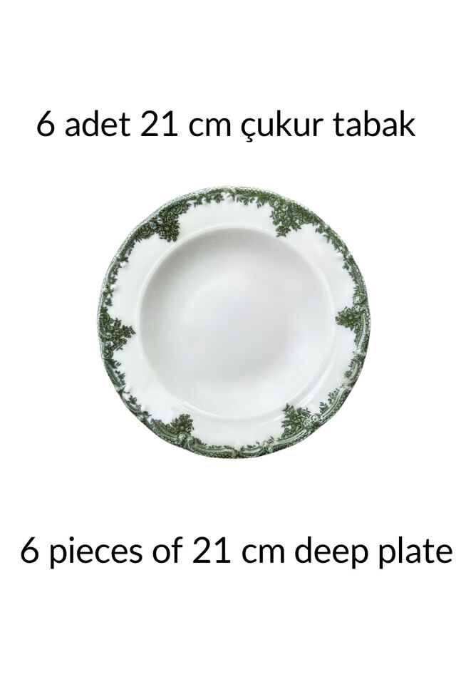 Antique Green 6 kişilik 21 cm Özel Tasarım Premium Porselen Çukur Yemek Tabağı Takımı