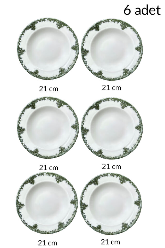 Antique Green 6 kişilik 21 cm Özel Tasarım Premium Porselen Çukur Yemek Tabağı Takımı