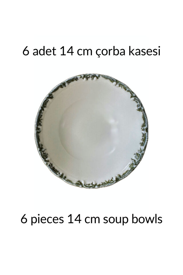 Antique Green 6 kişilik 14 cm Özel Tasarım Premium Porselen Çorba Kasesi Takımı DB3548