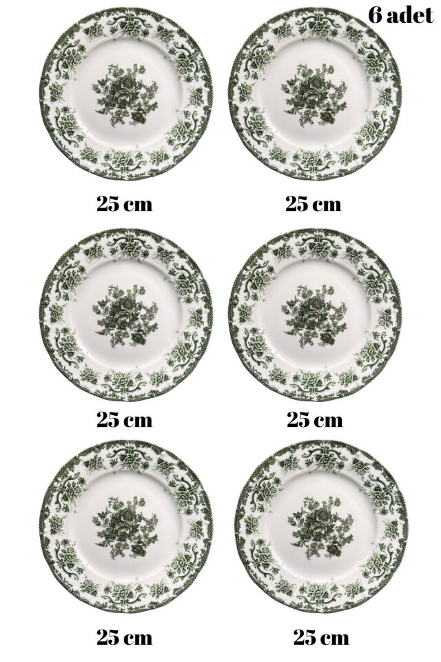 Antique Green 6 kişilik 25 cm Özel Tasarım Premium Porselen Servis Tabağı Takımı
